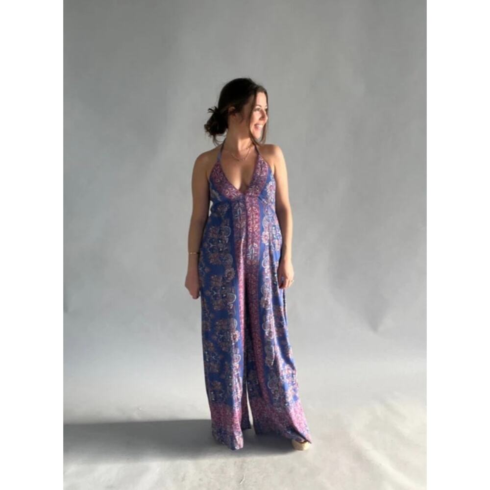 Angie Boho Halter Wide Leg Jumpsuit Blue Pink Paisley Size Small